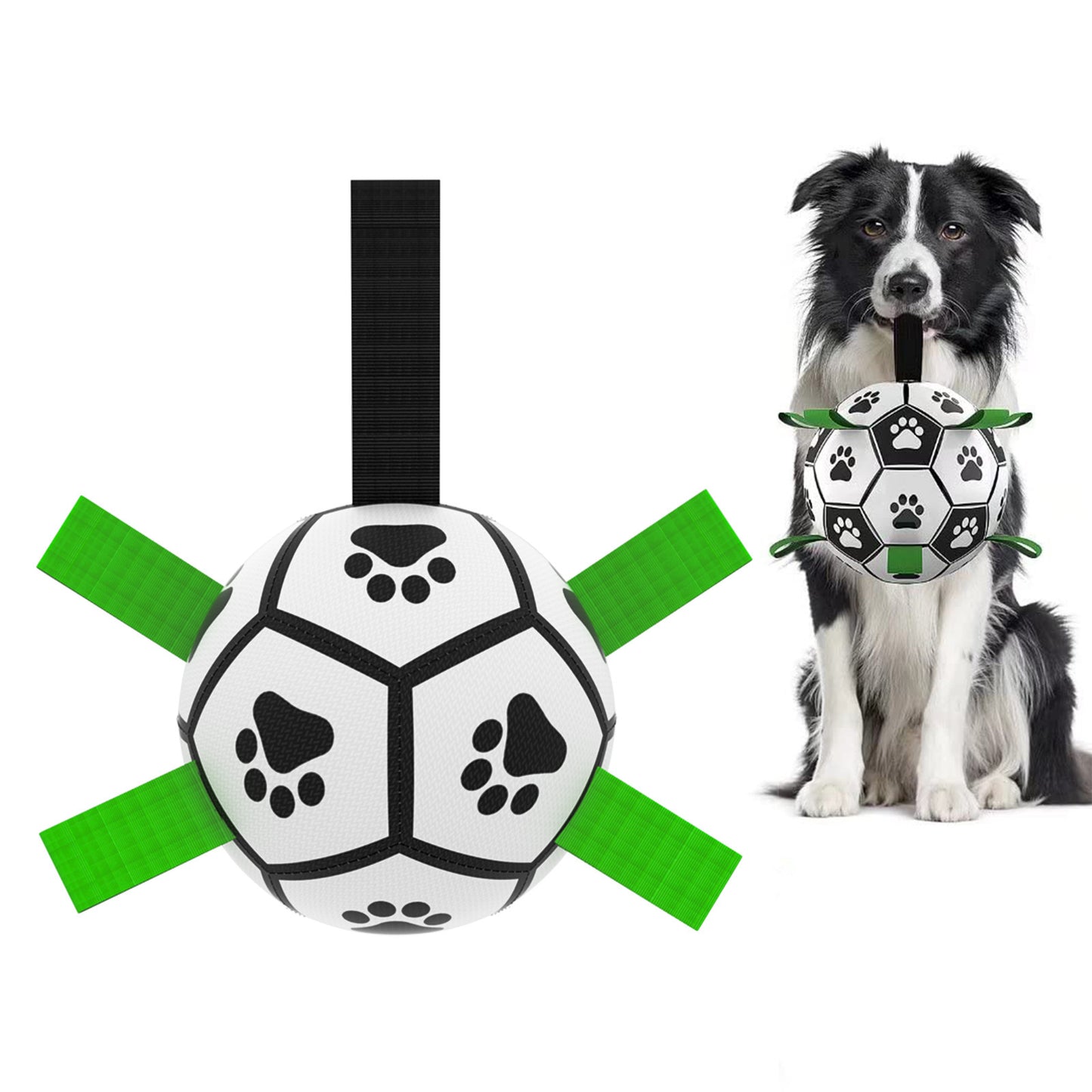 Dog toy resembling an interactive dog soccer ball toy with paw prints and green straps next to a dog on a white background
