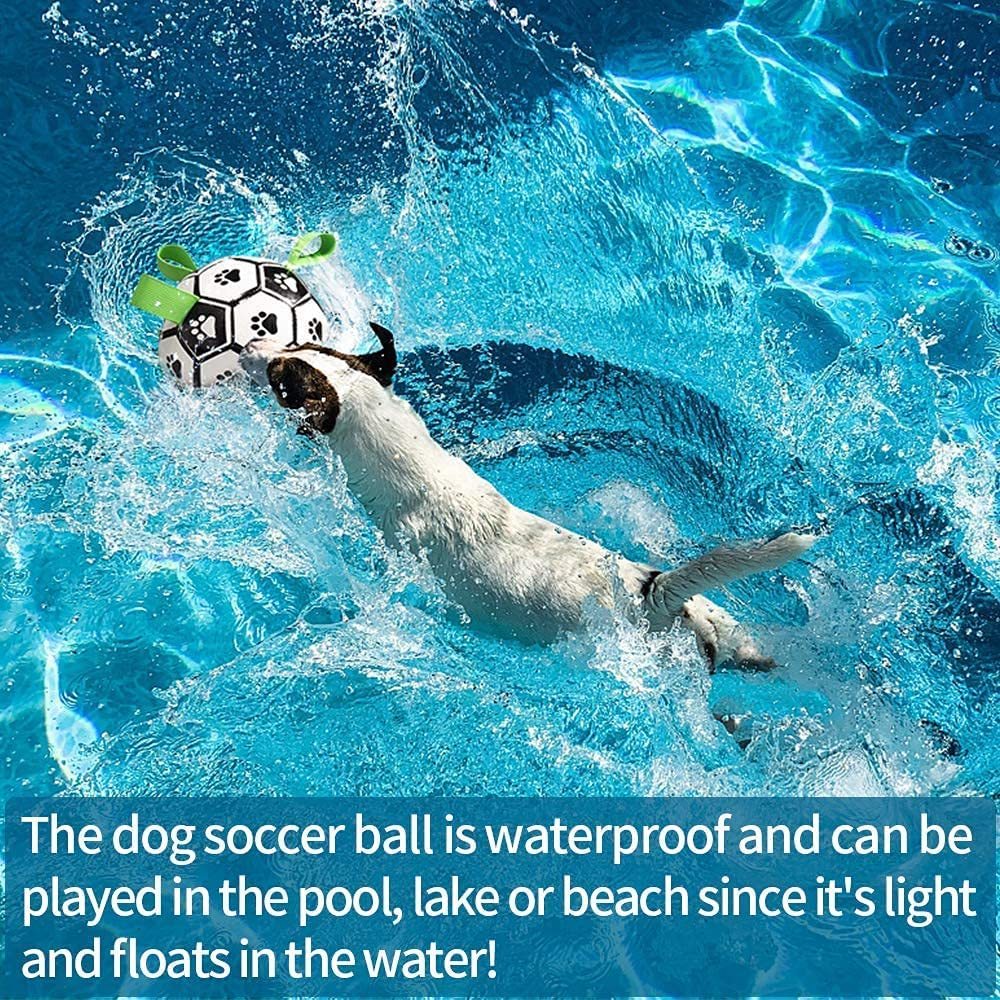 Dog playing with an interactive dog soccer ball toy in water, with text about the ball's waterproof and floatation properties.