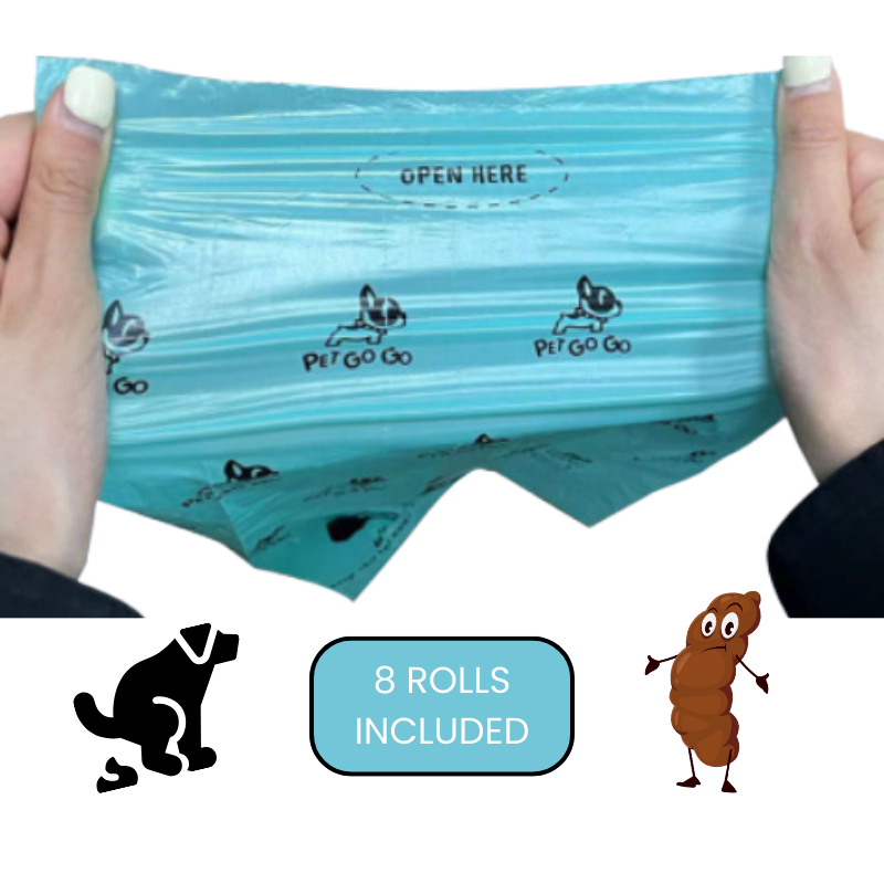 Person holding a package of dog waste bags with 'PET GO GO' branding.