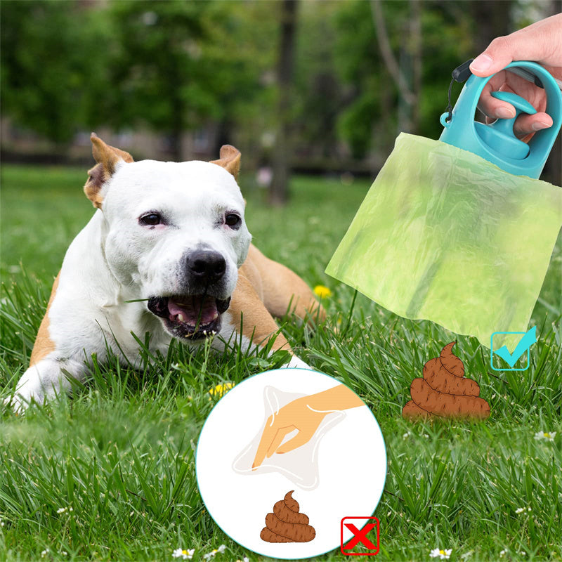 Dog lying on grass with a green plastic bag for waste disposal in a hand, with icons indicating proper waste disposal.