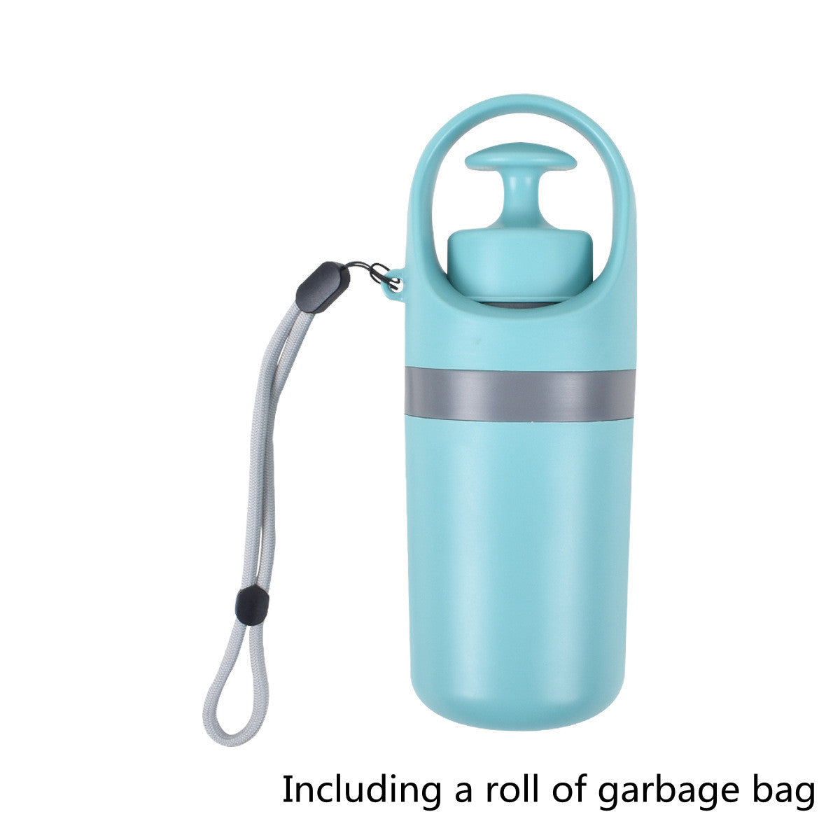 Light blue trash bin with a roll of garbage bag on a white background