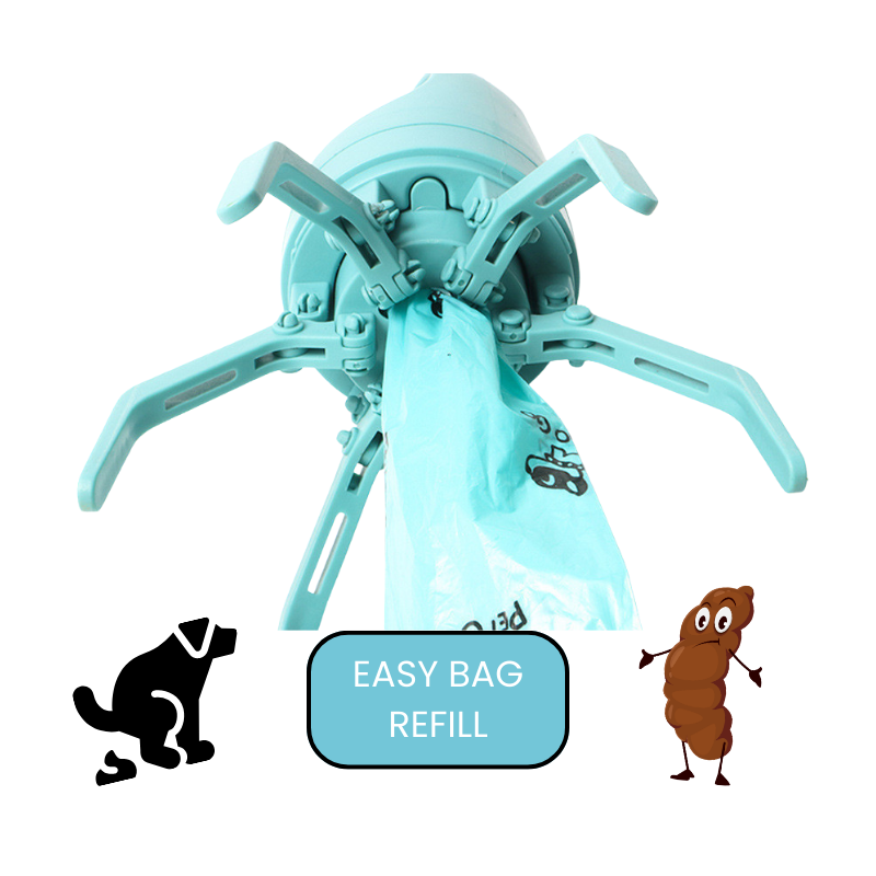 Dog waste bag dispenser with cartoon dog and poop illustration on a white background
