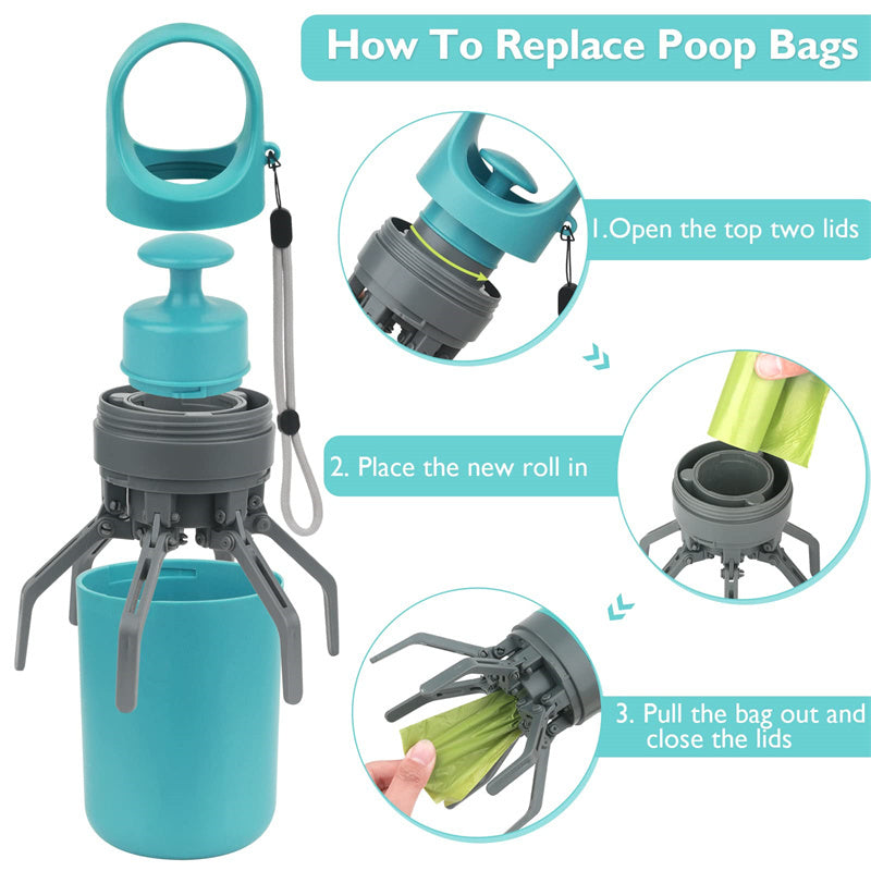 Pet waste bag dispenser with step-by-step instructions on how to replace poop bags.