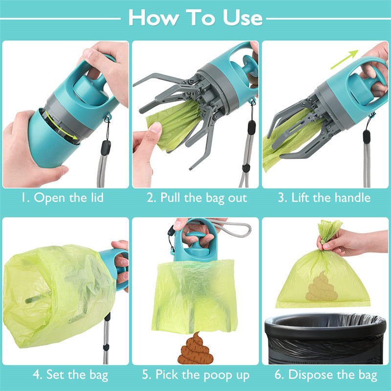 Step-by-step guide on how to use a pet waste bag dispenser with images and text.