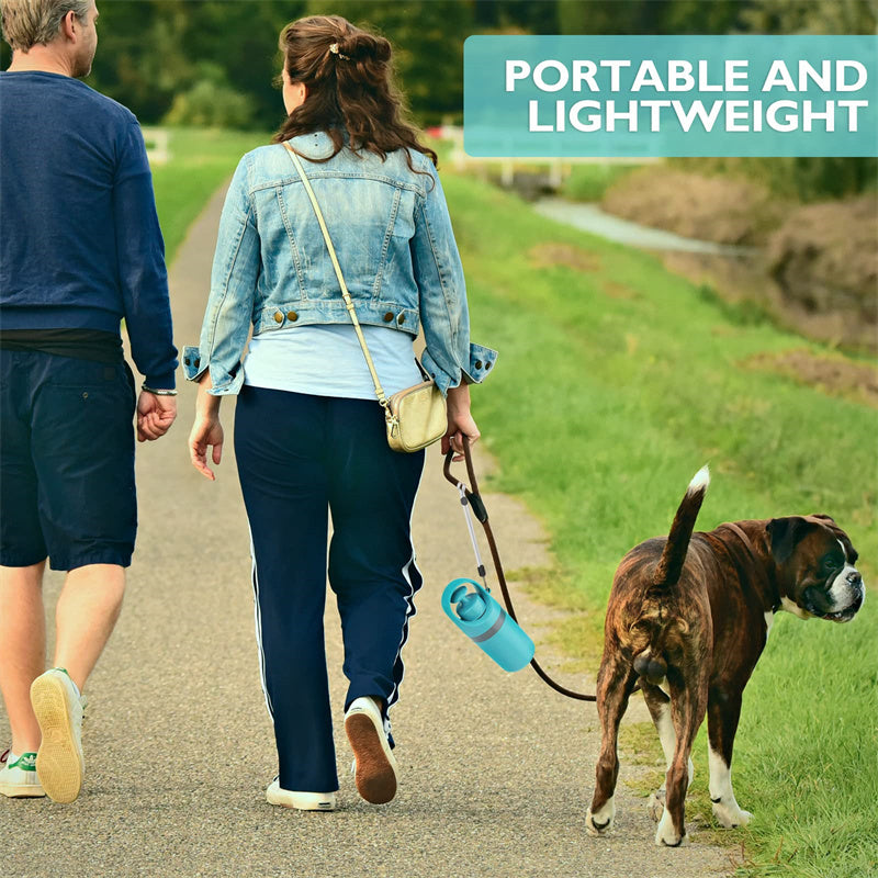 Two people walking a dog on a path with a portable water bottle holder, text 'Portable and Lightweight' above.