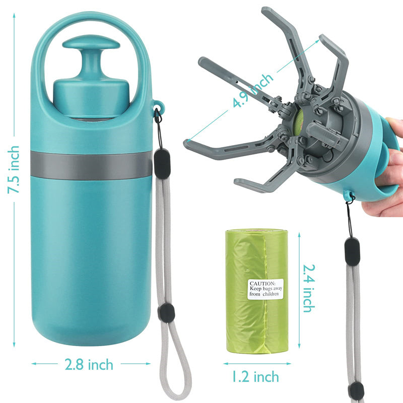 Teal water bottle with gray accents, green waste bag, and measuring dimensions on a white background