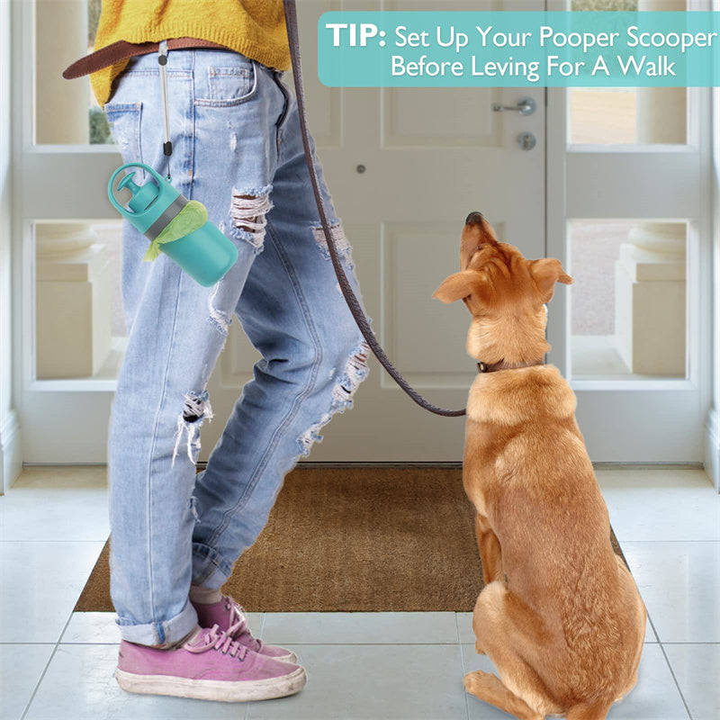 Person with a dog on a leash, preparing to go for a walk, with a tip about setting up a pooper scooper.