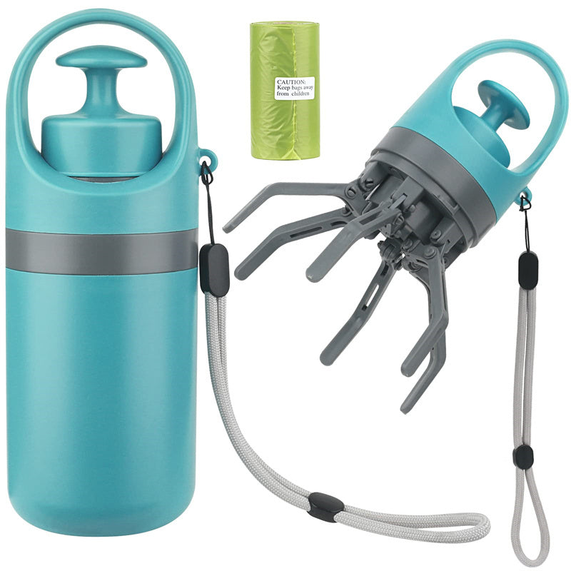 Teal dog waste bag dispenser with gloves and a roll of bags on a white background