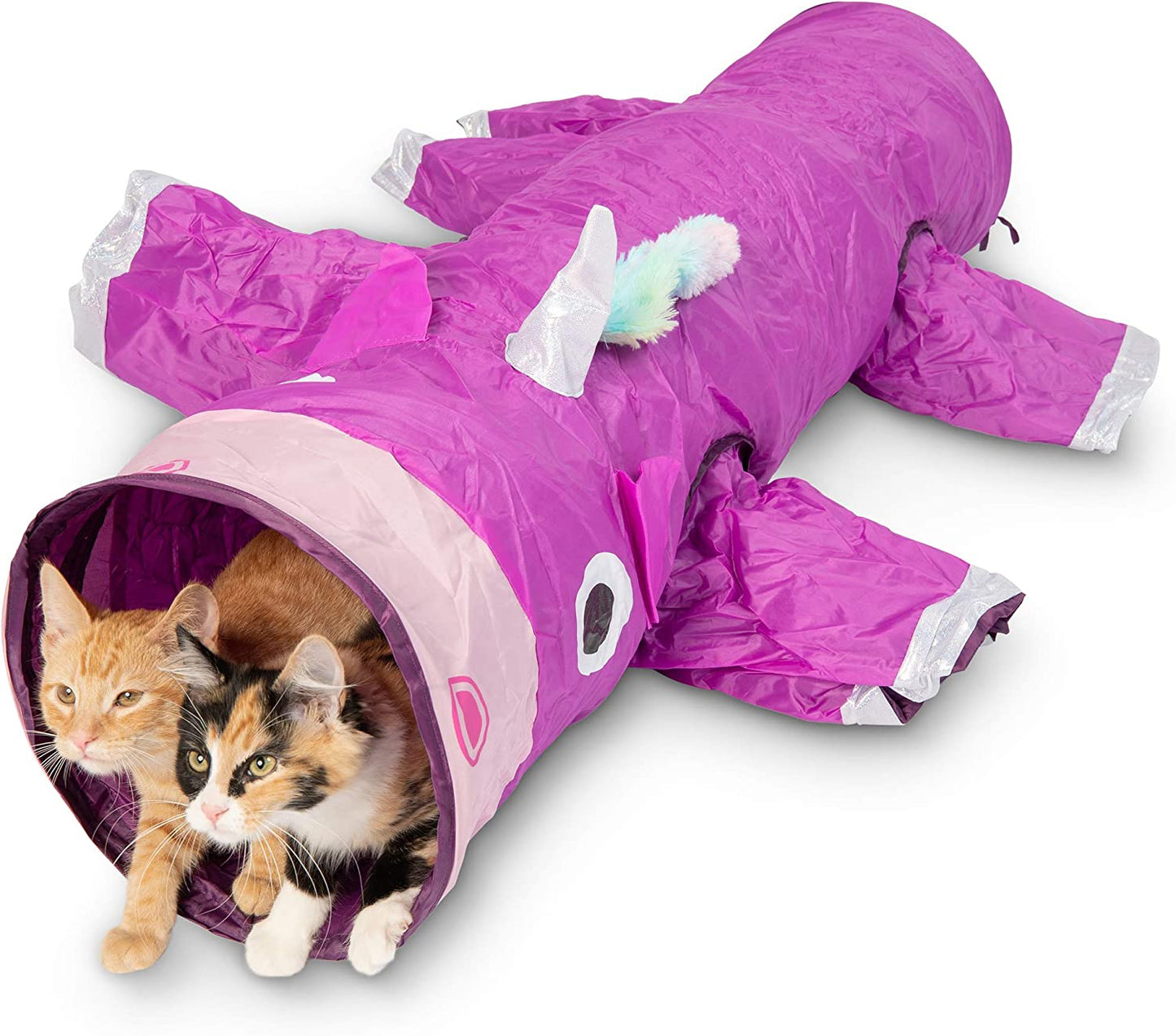 Interactive cat tunnel toy - Magic Mewnicorn purple tunnel with two cats inside on white background