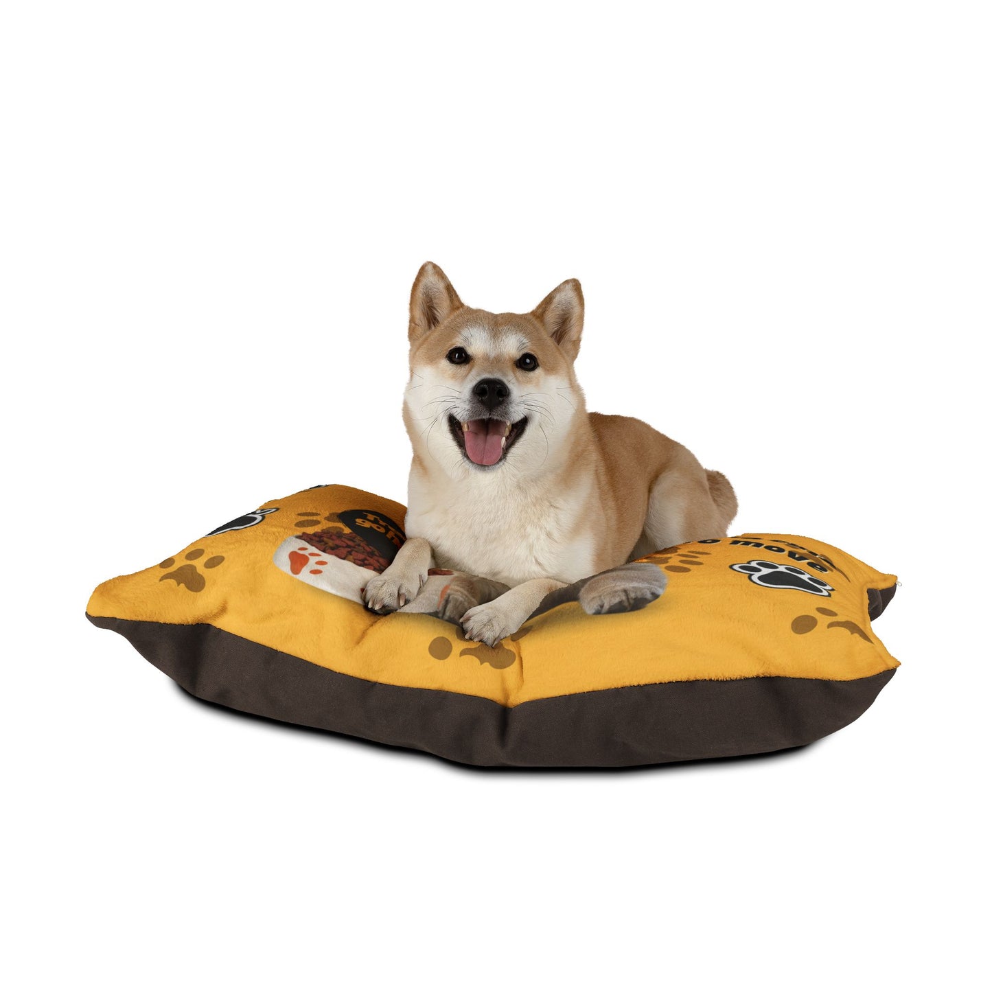 Dog lying on a yellow and brown pet bed with paw prints on a white background