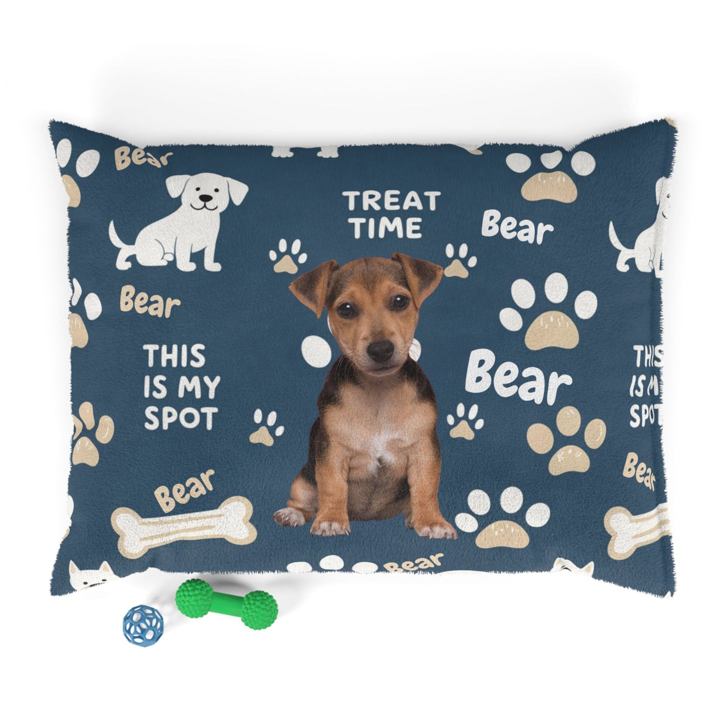 Dog pillow with 'Bear' branding and paw prints on a blue background