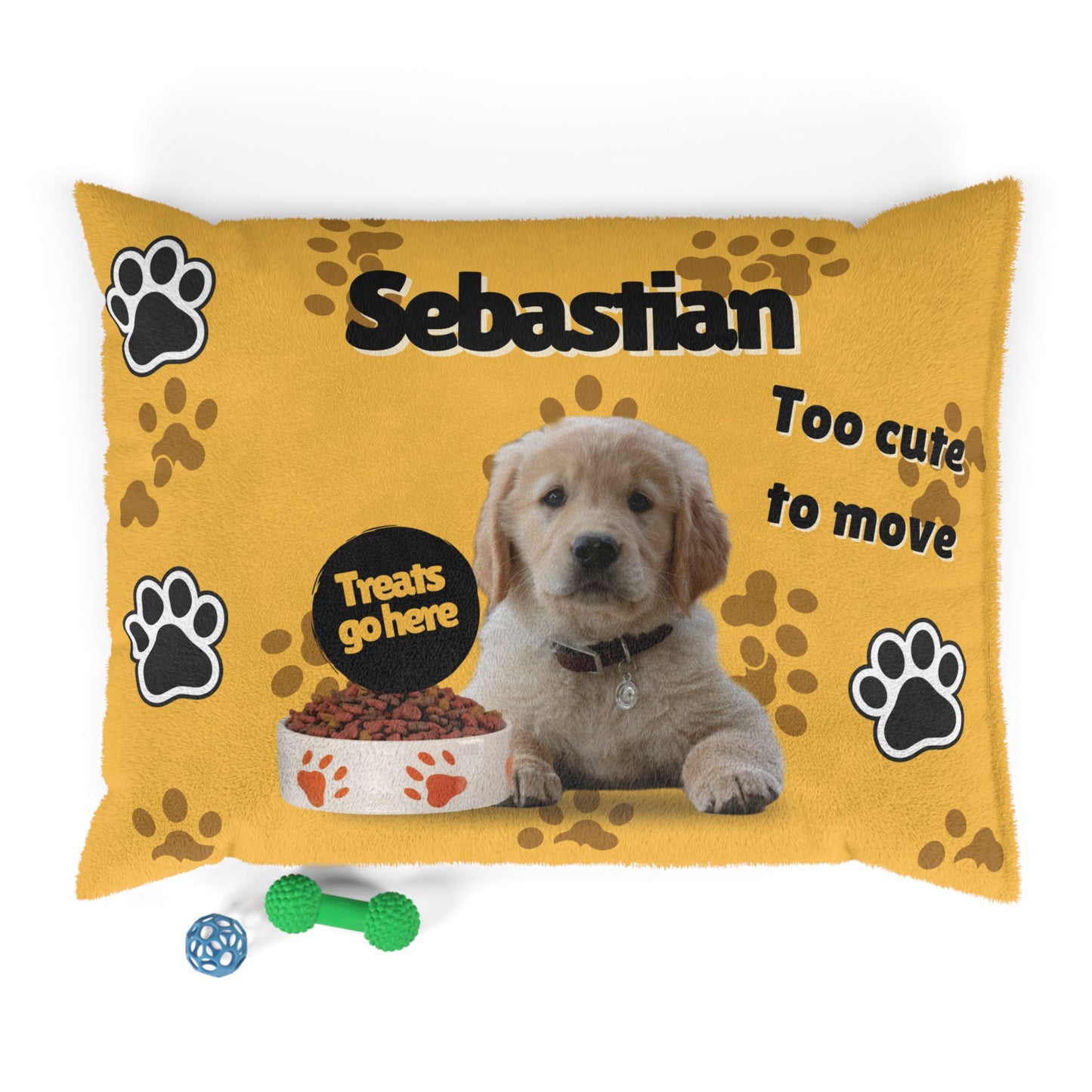 Personalized dog pillow with a puppy picture, name 'Sebastian', and text 'Too cute to move' on a yellow background.