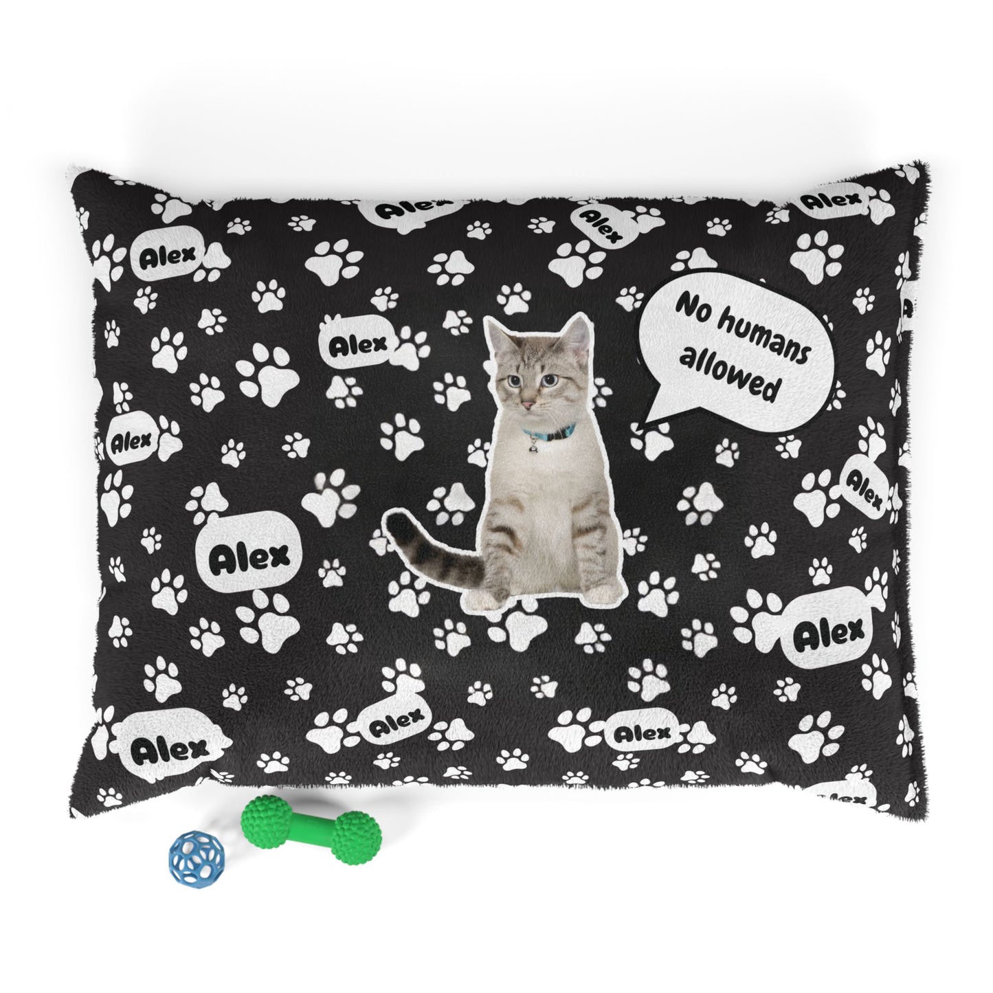 Pet pillow with paw prints, a cat illustration, and 'No humans allowed' text on a black background.