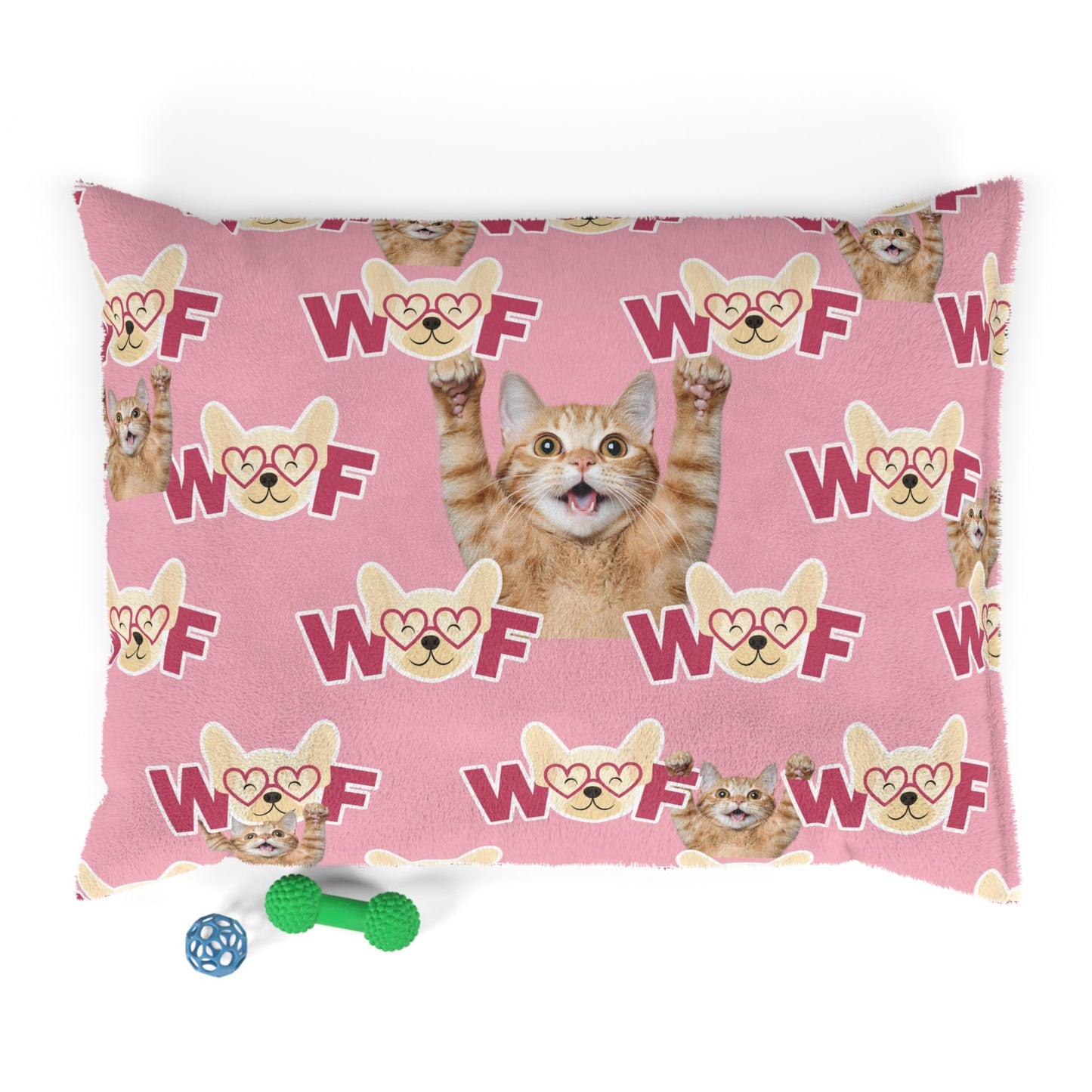 Pink pillowcase with cat and dog illustrations on a white background