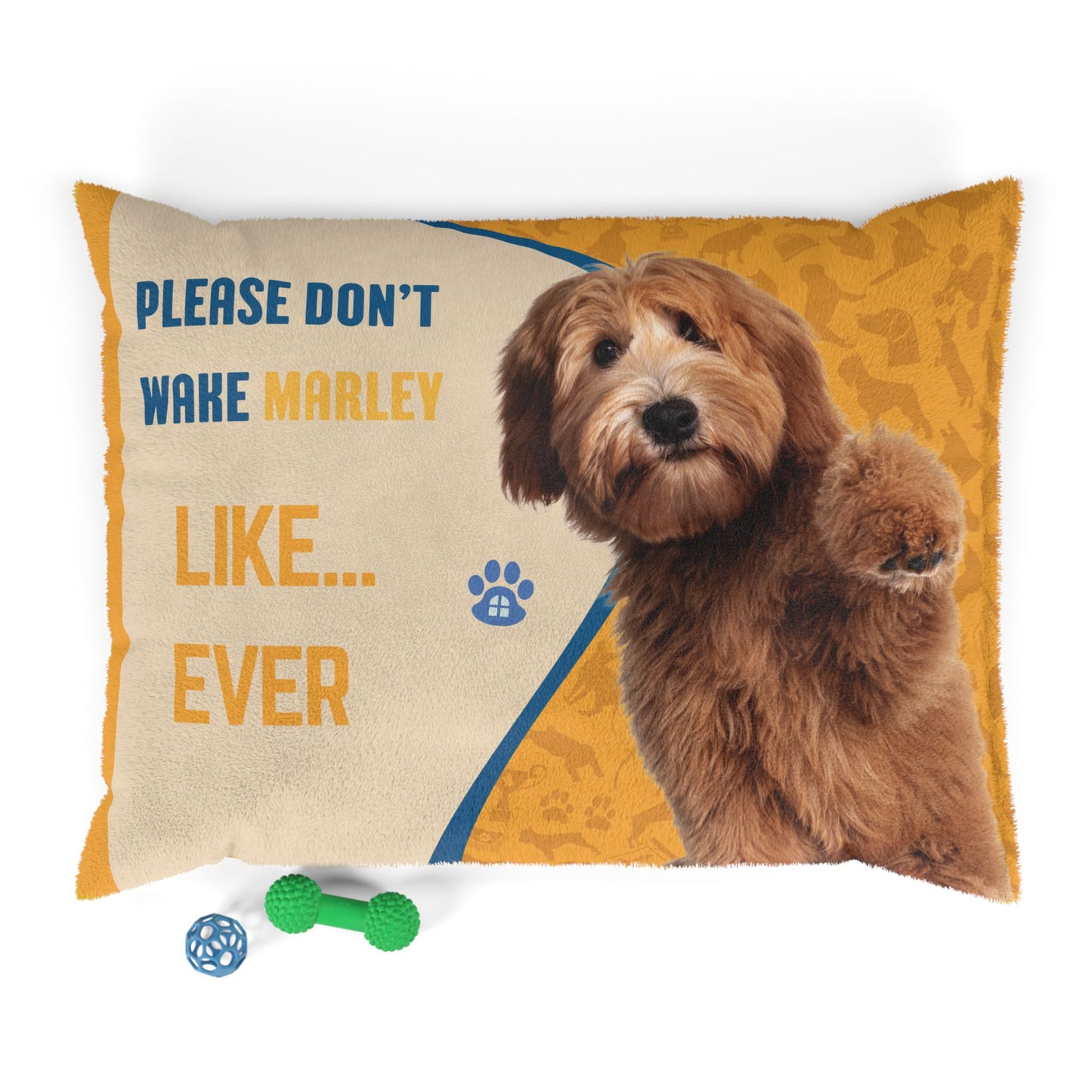 Pillow with a dog's face and text 'Please don't wake Marley like... ever' on a white background