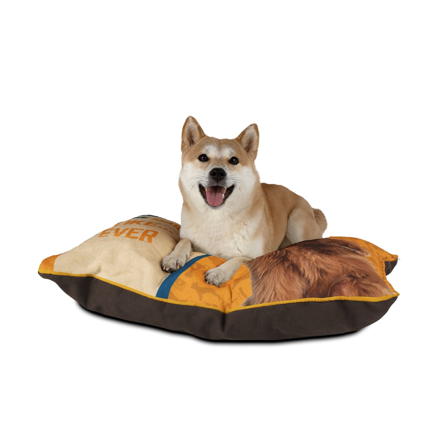 Dog lying on a pet bed with a visible brand logo on a white background