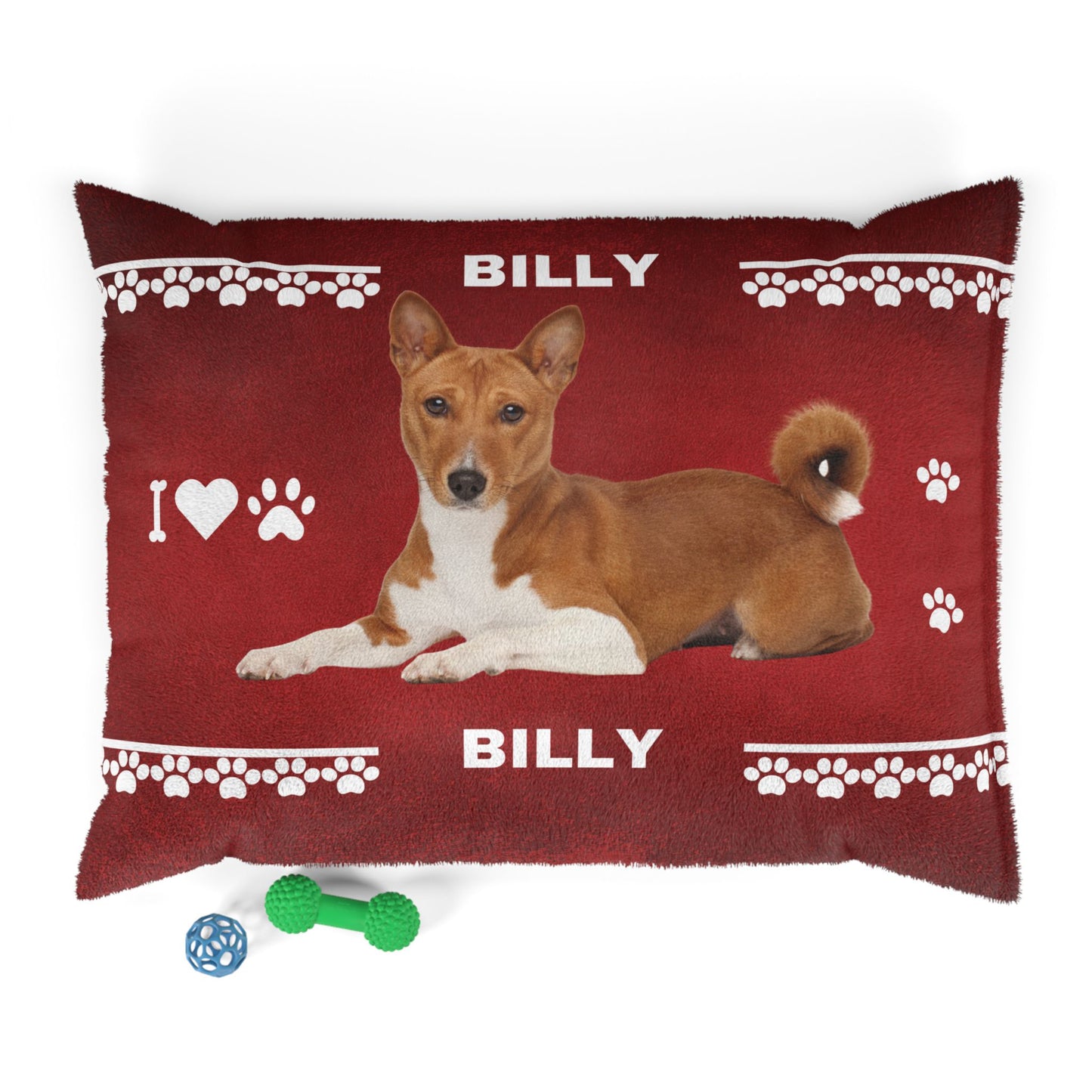 Red pillow with a dog illustration and 'BILLY' text on a white background