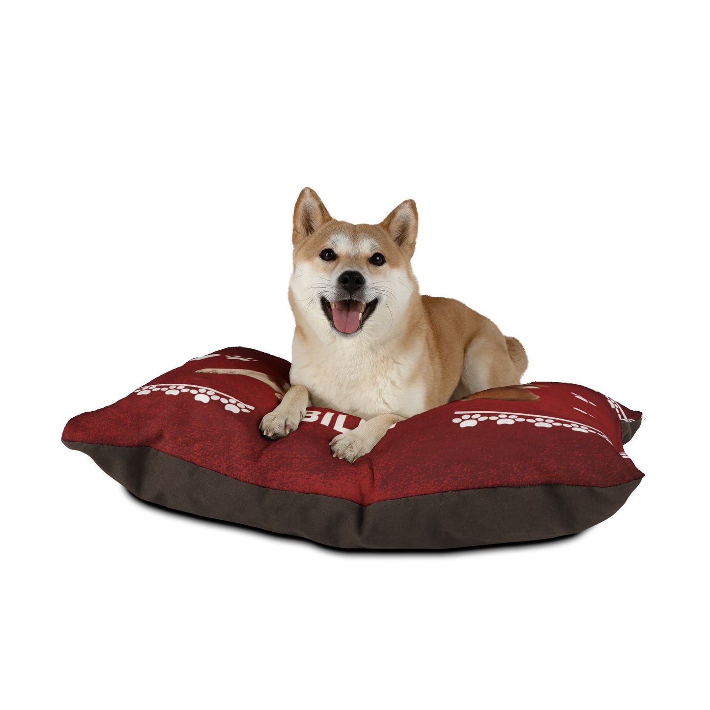 Dog lying on a red and brown pet bed with a white background