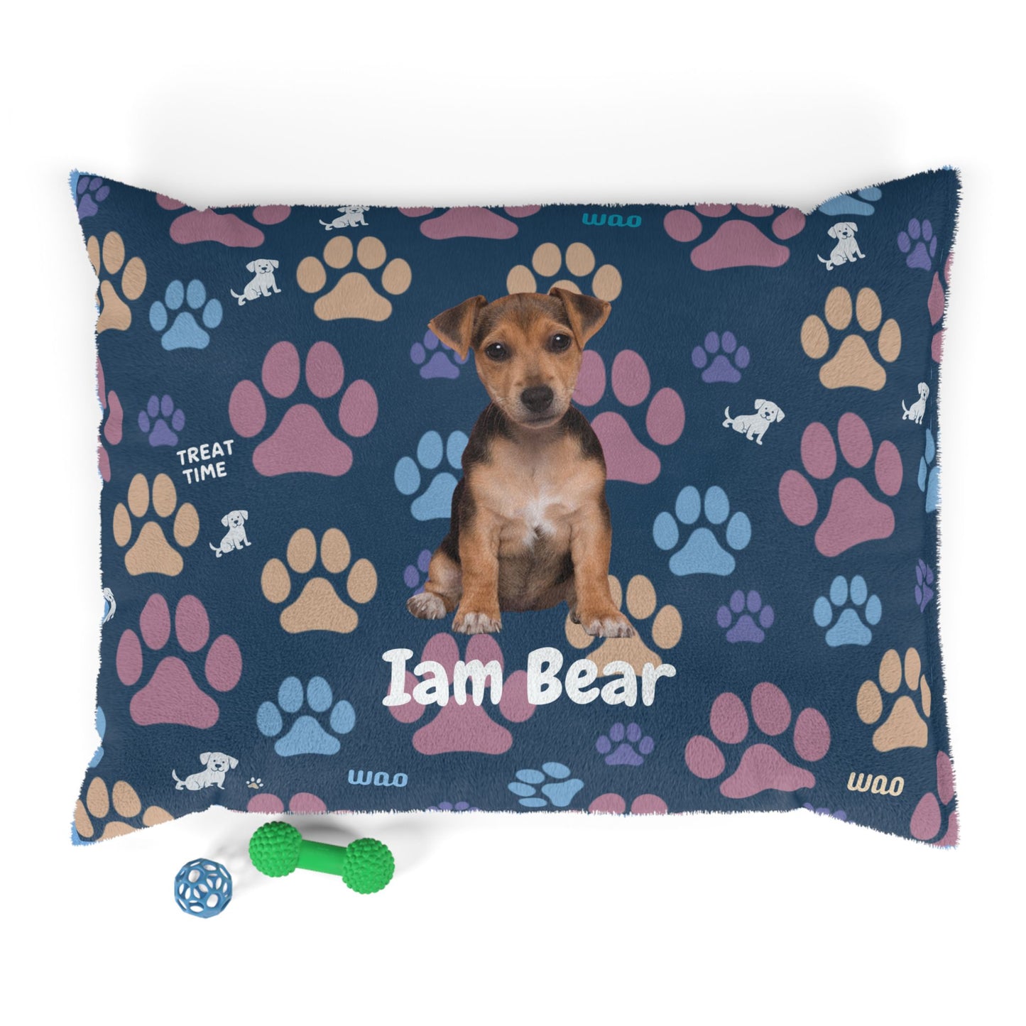 Dog pillow with paw pattern and puppy photo, labeled 'I am Bear', on a white background.
