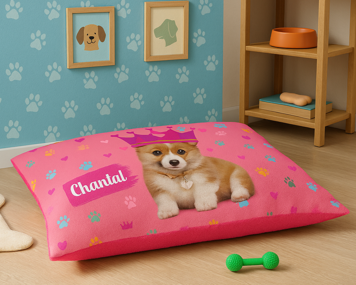 Pink pet bed with a dog design and 'Chantal' branding in a room with paw print wallpaper.