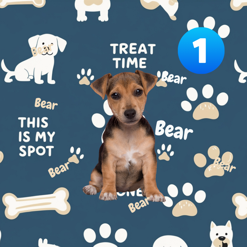 Patterned fabric with a puppy, text, and dog-related graphics on a blue background
