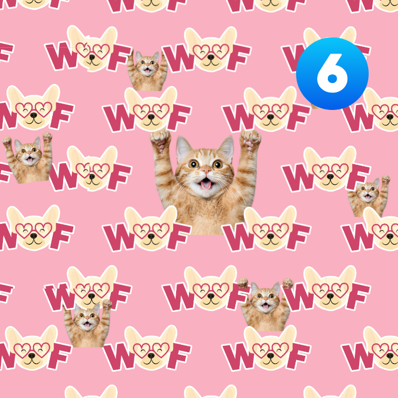 Pattern of cats and dogs with 'WOF' text on a pink background