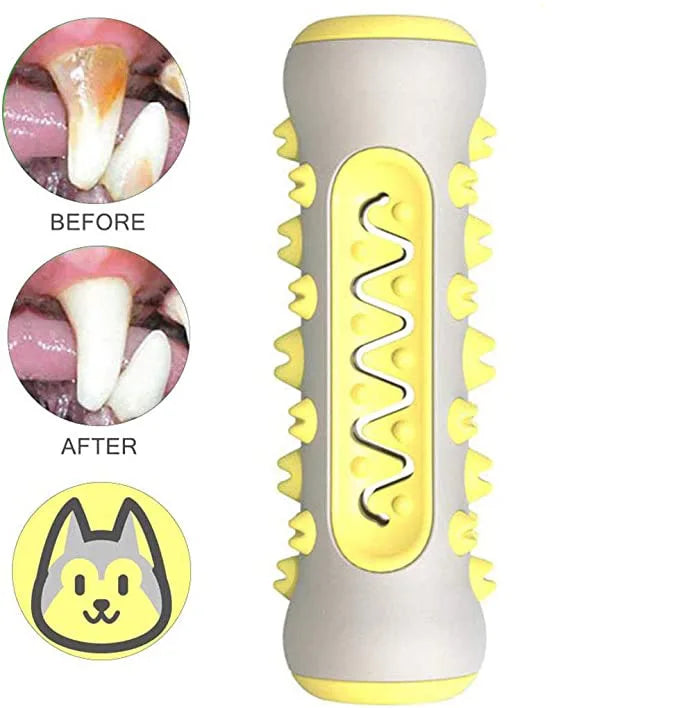 Dog Dental Chew Toy in yellow, designed to clean teeth, remove tartar, and strengthen the jaw, providing a fun and healthy chewing experience for dogs.