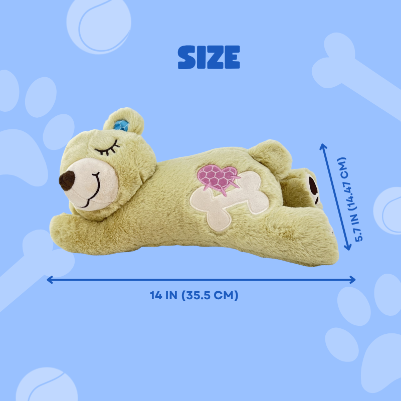 Plush dog toy shaped like a bear with measurements on a blue background with paw prints and bones.