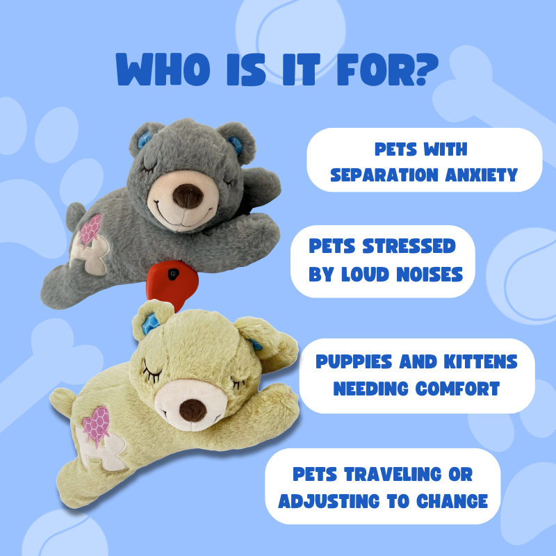 Two plush toys with text on a blue background indicating their uses for pets.