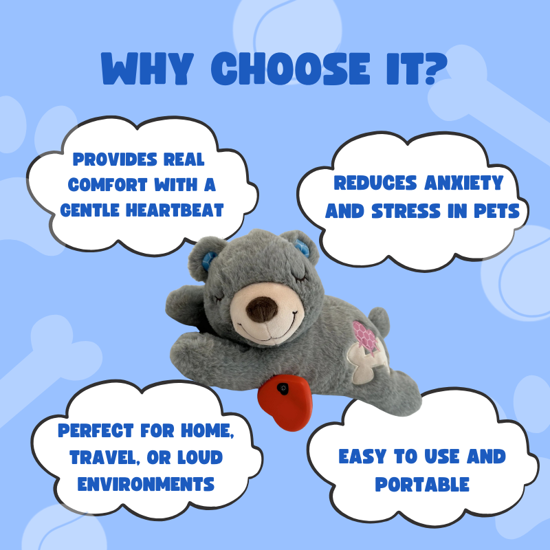 Plush toy with text highlighting its benefits on a blue background