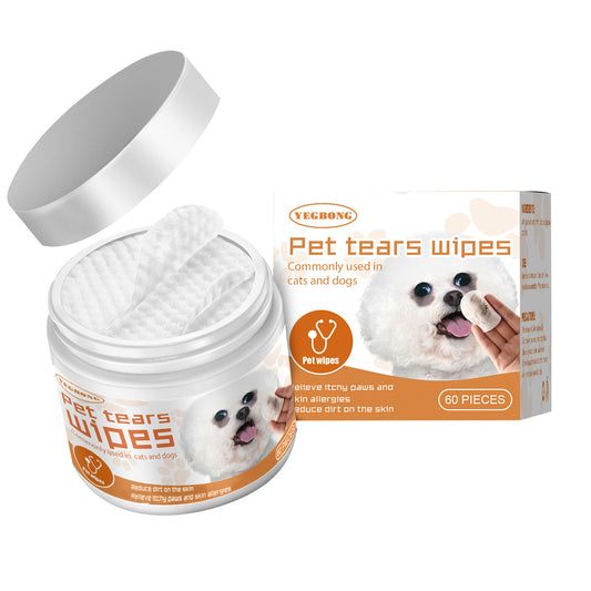 Close-up of Pet Eye Wipes container with soothing ingredients like Aloe Vera and Chamomile, designed for tear stain and eye dirt removal in pets.