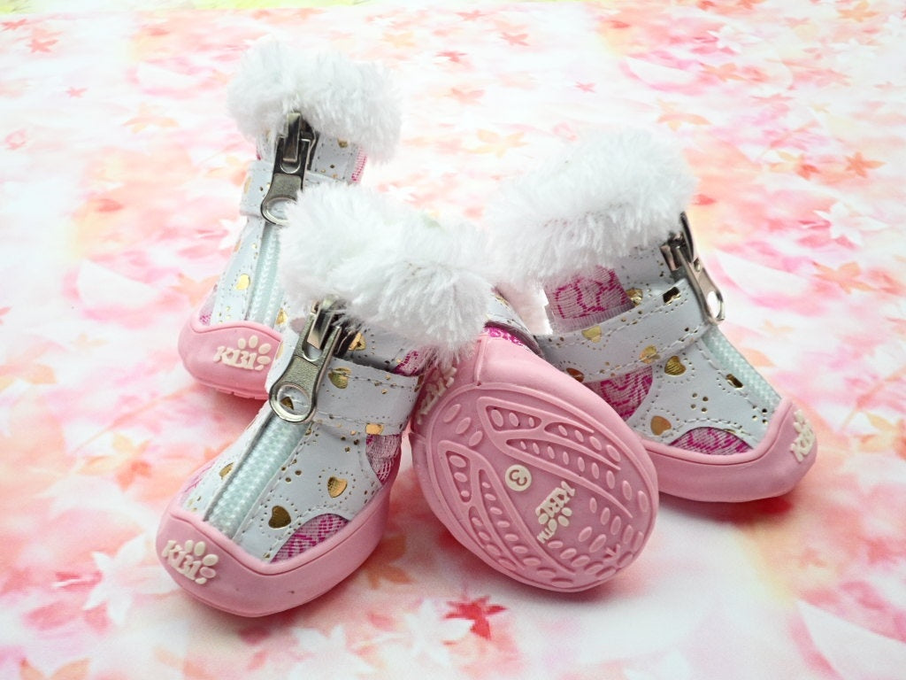 Pink stylish Dog Running Shoes made from Tang suit gold silk fabric, providing comfort and protection for your pet's paws. Ideal for walks and outdoor adventures.