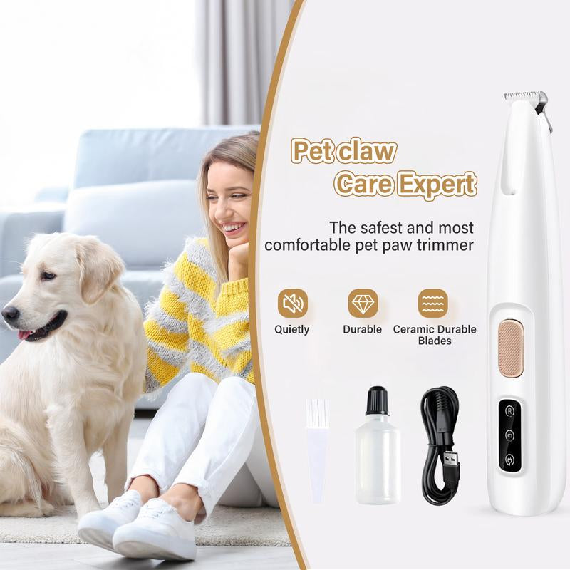 Woman with a dog sitting on the floor next to a pet paw trimmer with branding and product features displayed.