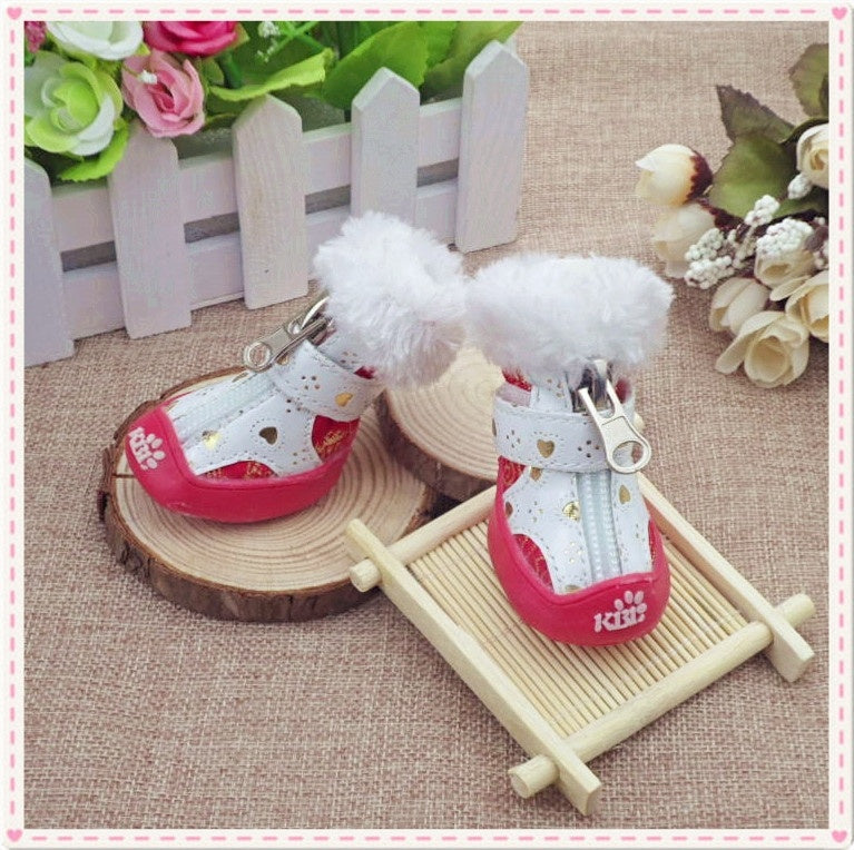 Red stylish dog sneakers made from Tang suit gold silk fabric, providing comfort and protection for your pet's paws. Ideal for walks and outdoor adventures.