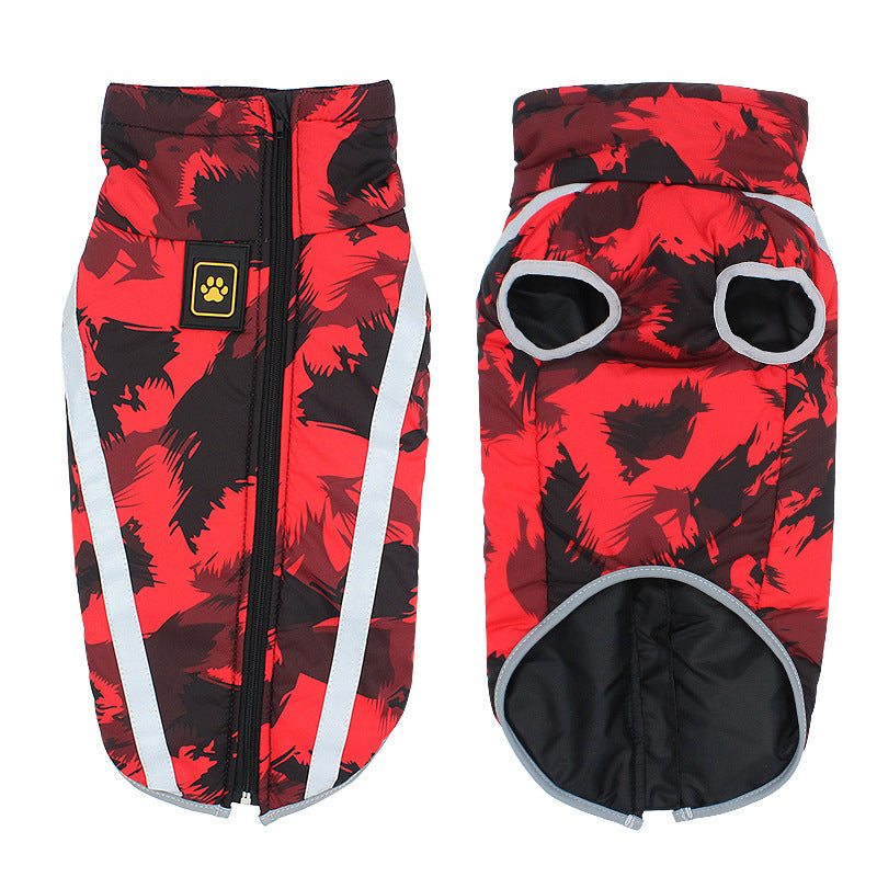 Dog wearing red grafiti variant waterproof vest with reflective strip and high collar.