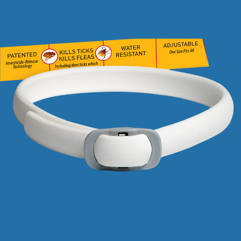Scalibor Flea & Deworming Collar highlighting its key benefits: protection against fleas, ticks, sandflies, mosquitoes, water-resistant, and adjustable fit.