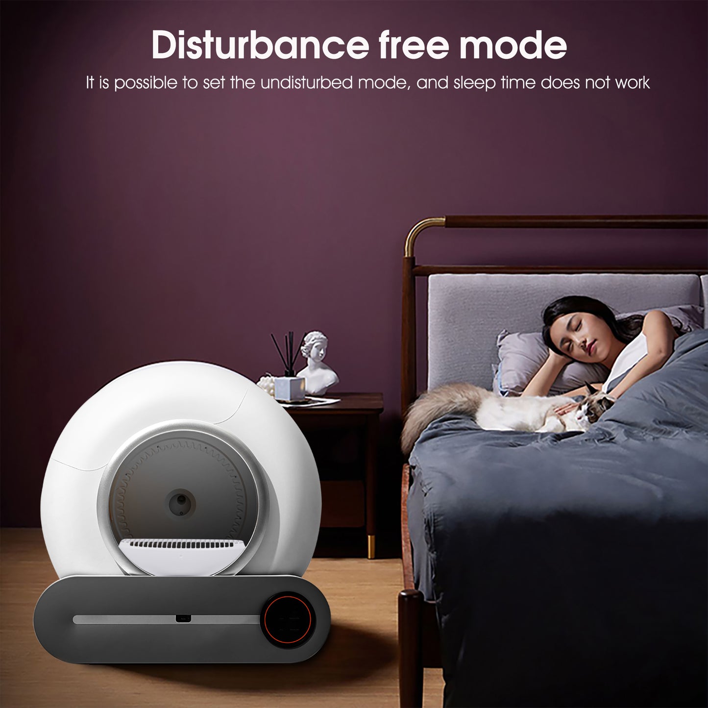 Self-cleaning litter box with automatic scooping, deodorization, and WiFi control, perfect for hassle-free cat care disturbance free mode