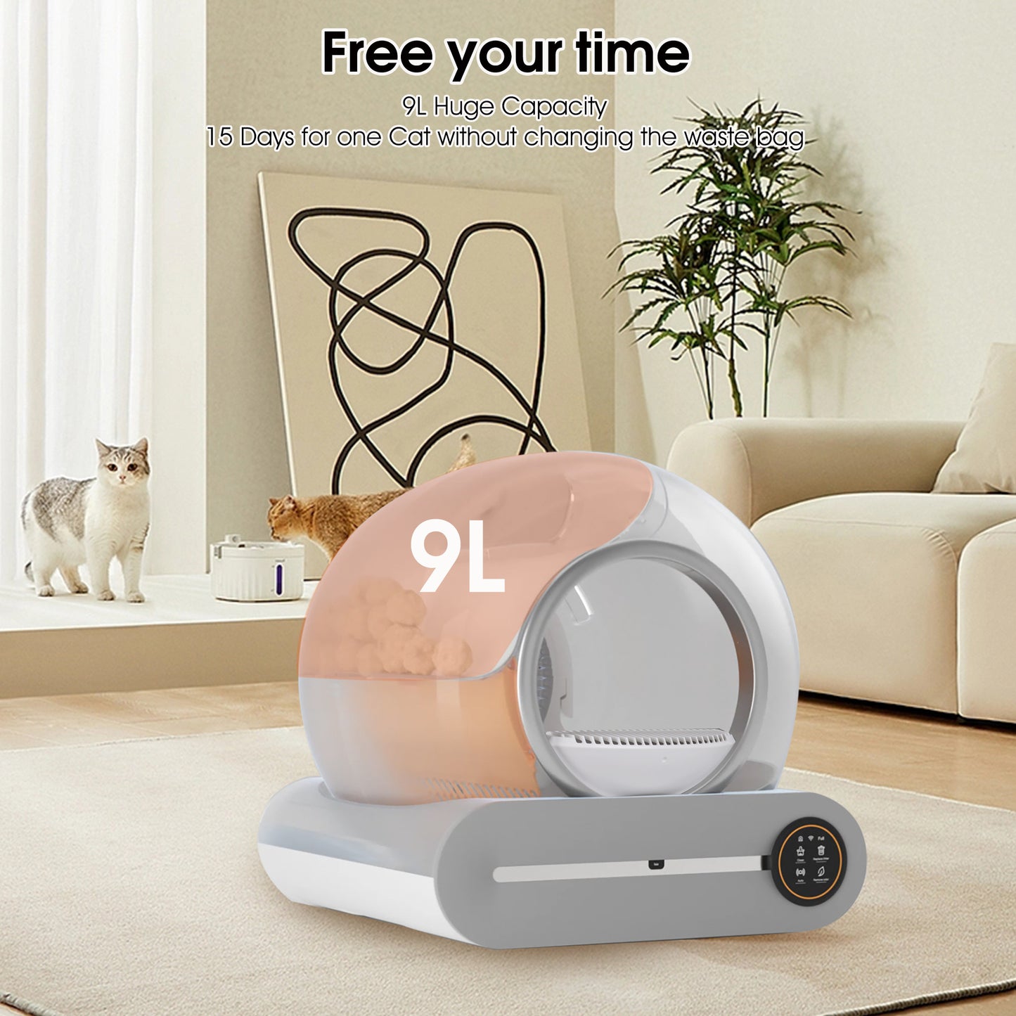 Self-cleaning litter box with automatic scooping, deodorization, and WiFi control, perfect for hassle-free cat care free your time