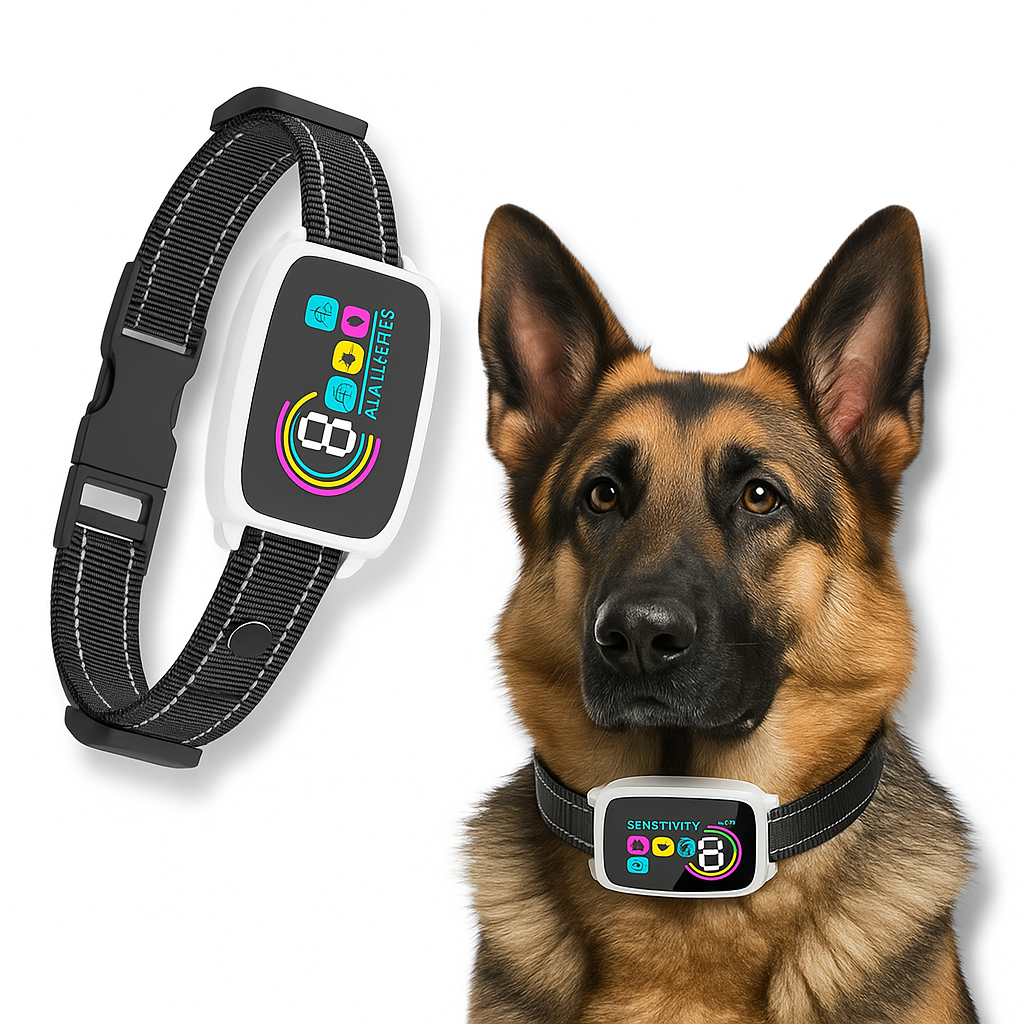 Smart Rechargeable Anti-Bark Dog Collar HD Display white with dog wearing it.