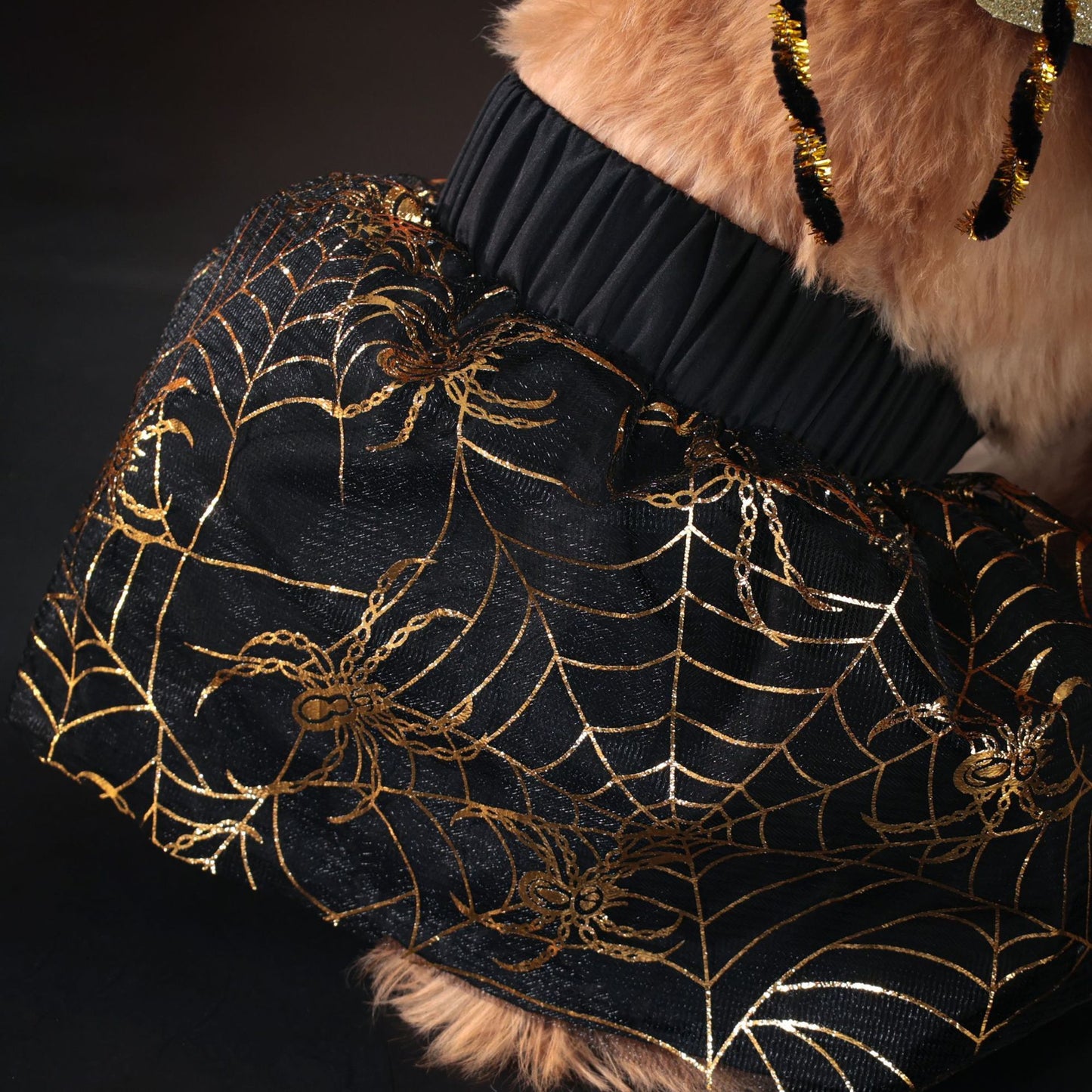 Black sweater with gold spider web and spider design on a dark background