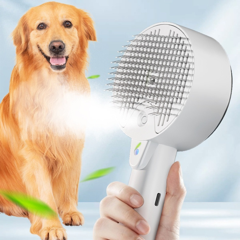 UV pet grooming brush with mist for dogs and cats close up
