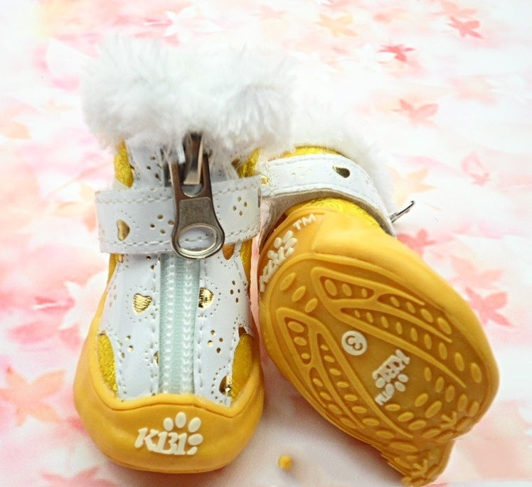 Yellow main image stylish dog sneakers made from Tang suit gold silk fabric, providing comfort and protection for your pet's paws. Ideal for walks and outdoor adventures.