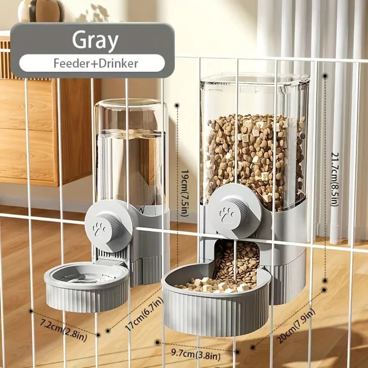 Automatic pet feeder and water dispenser set for small cats, puppies, and rabbits – elegant gray, side by side view dimensions