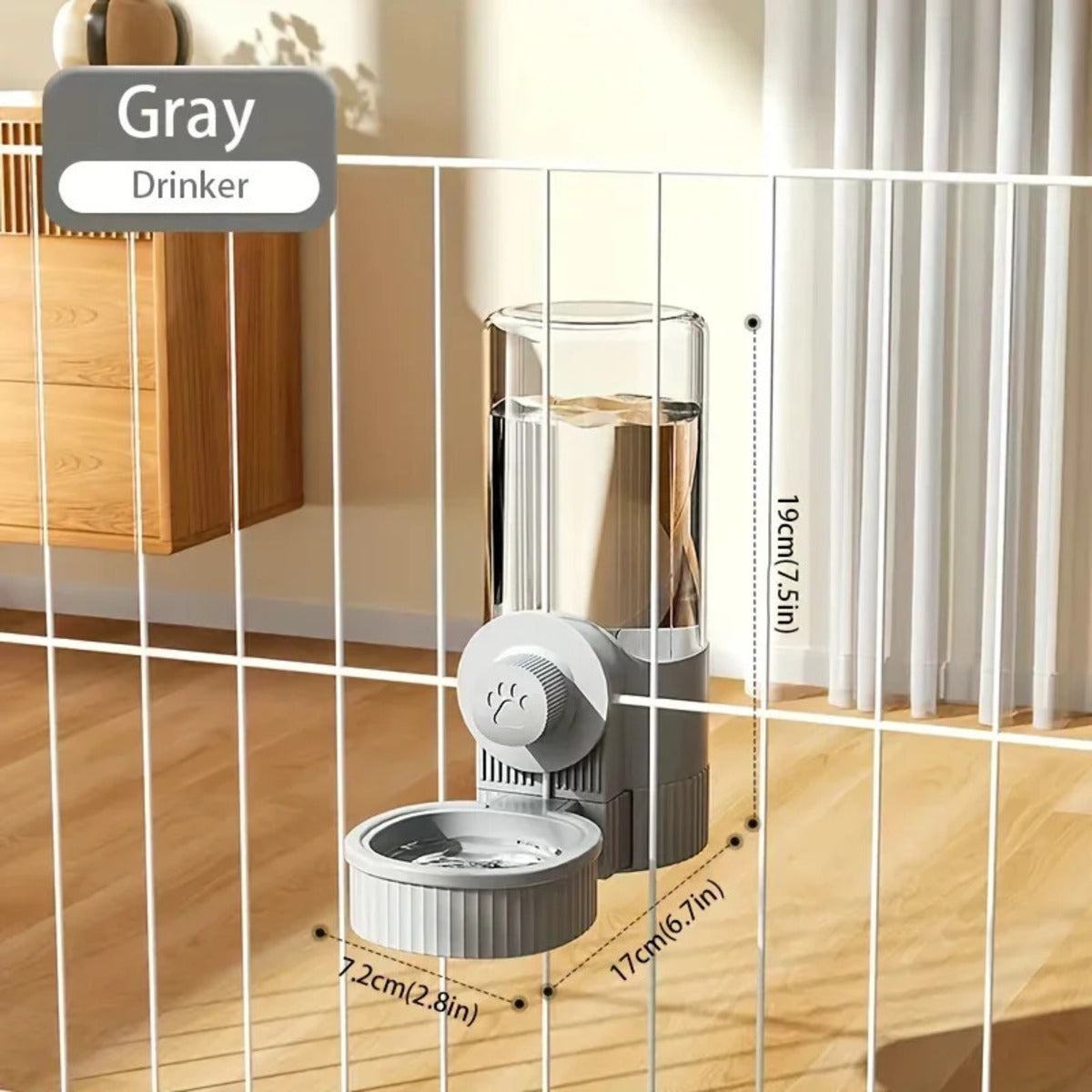 Automatic pet feeder and water dispenser set for small cats, puppies, and rabbits – elegant gray, side by side view gray drinker