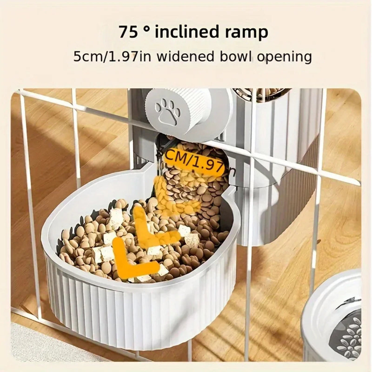 Automatic pet feeder and water dispenser set for small cats, puppies, and rabbits – elegant gray, side by side view inclined ramp