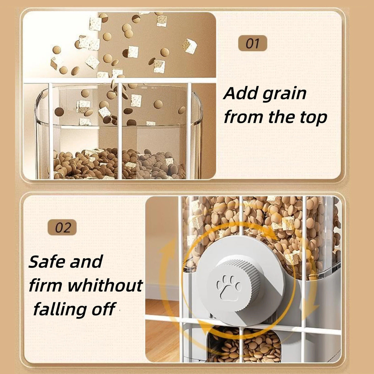 Automatic pet feeder and water dispenser set for small cats, puppies, and rabbits – elegant gray, side by side view safe and firm