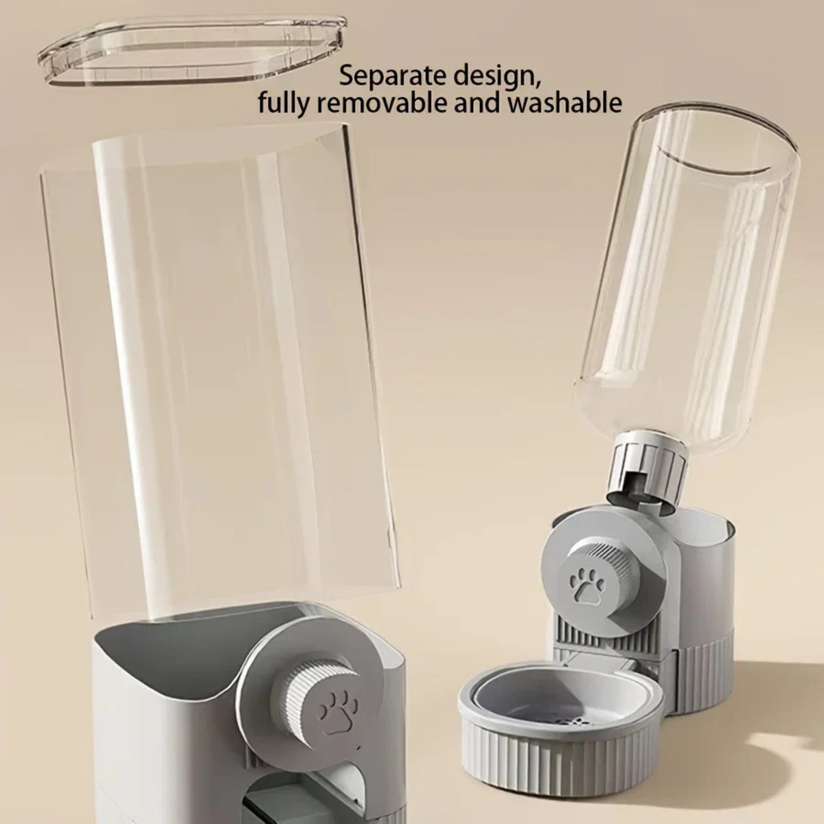Automatic pet feeder and water dispenser set for small cats, puppies, and rabbits – elegant gray, side by side view separate design