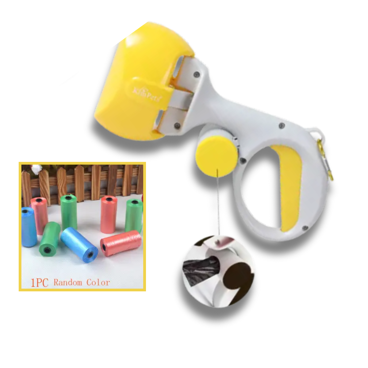Yellow and white pet leash with additional accessories on a white background