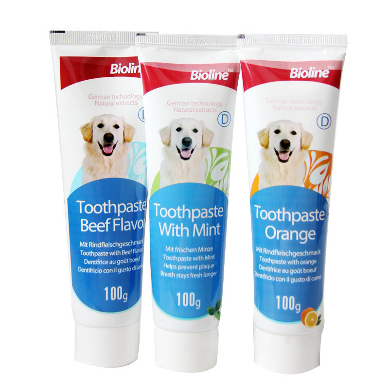 Bioline dog toothpaste in natural formula, shown in beef, mint, and orange flavors — designed for plaque removal, fresh breath, and gum care all variants