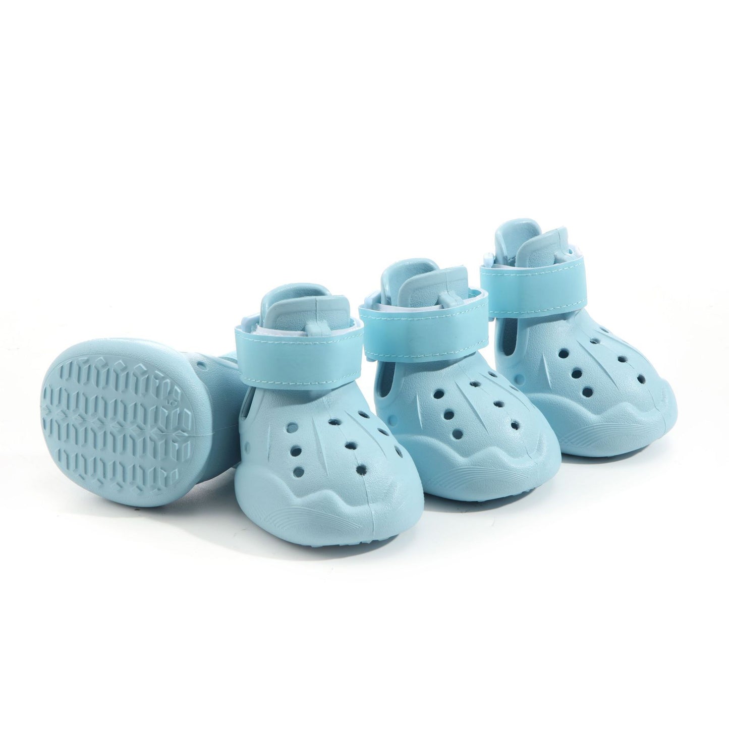 Set of 4 blue Summer Dog Crocs displayed on a neutral pastel background picture 1